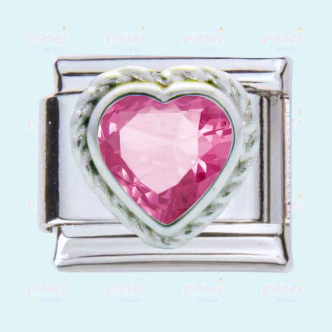 Pami Charms silver gem birth stone italian charms with heart-shaped pink crystal centerpiece