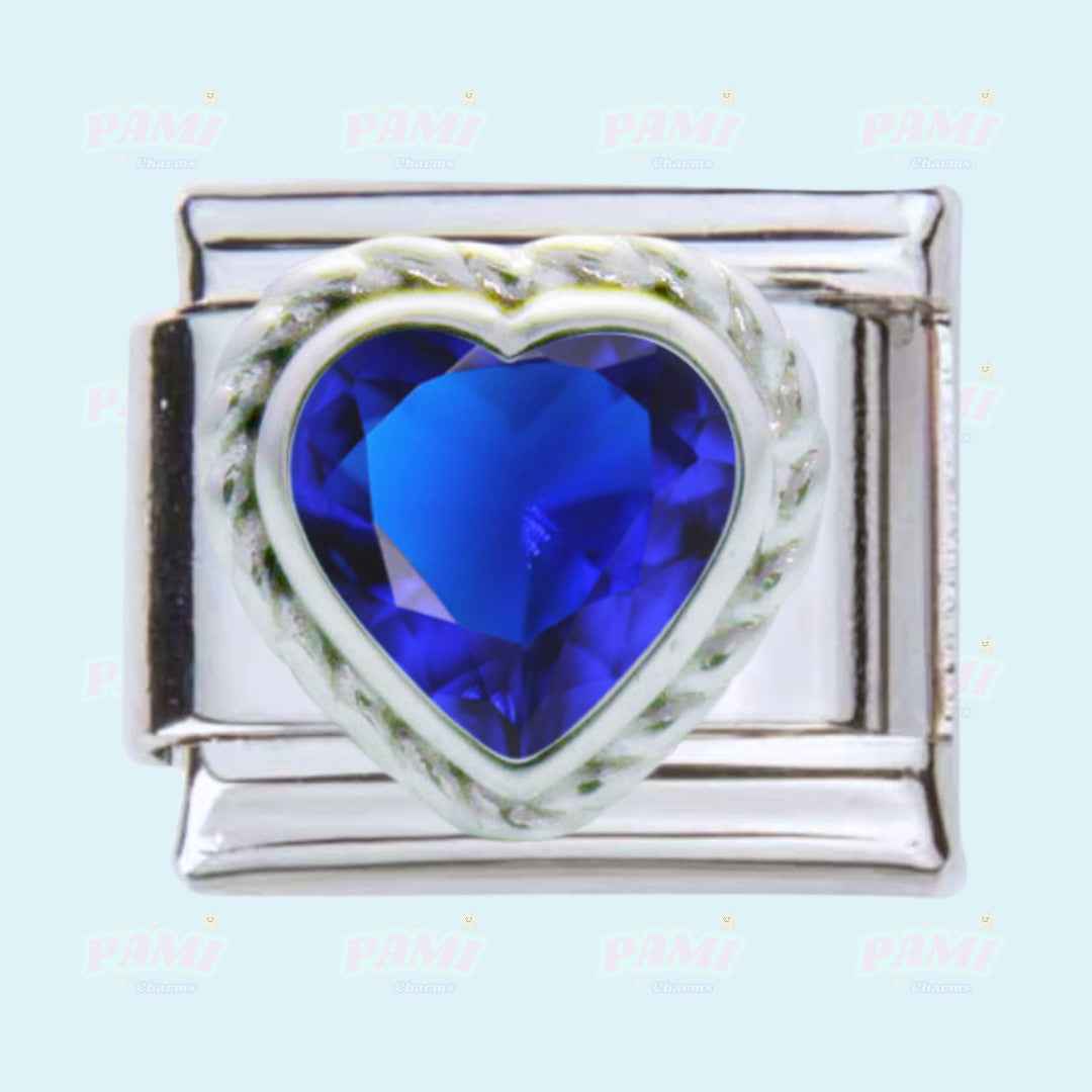 Silver Italian charm with heart-shaped blue gem birth stone italian charms for customizable jewelry