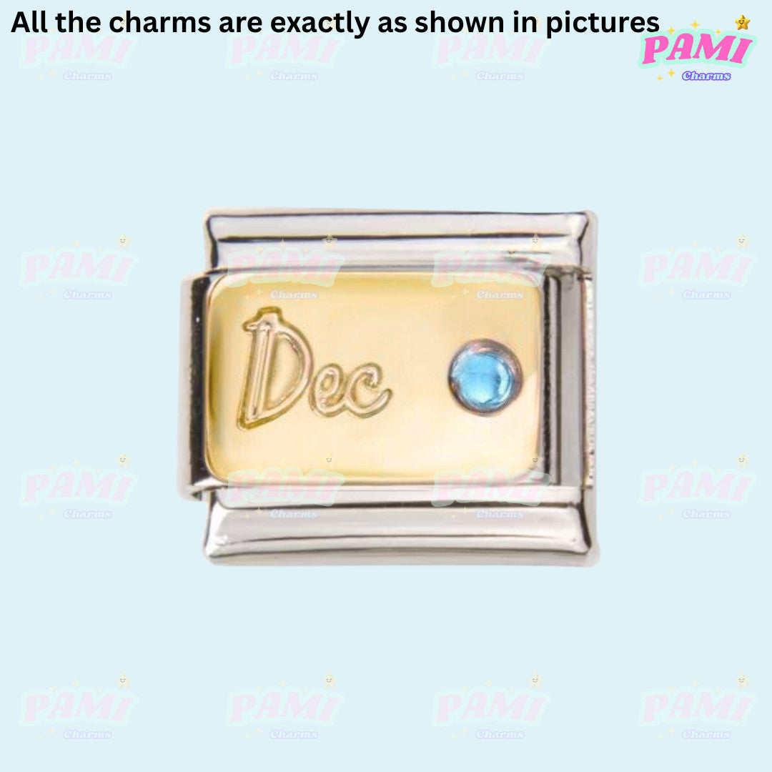 Gold birthstone Italian charms for December with blue gemstone and silver frame by Pami Charms