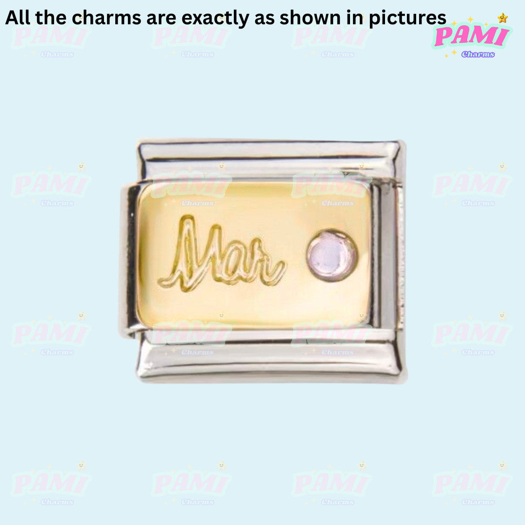 Gold birthstone Italian charms for March with pink crystal and silver border by Pami Charms