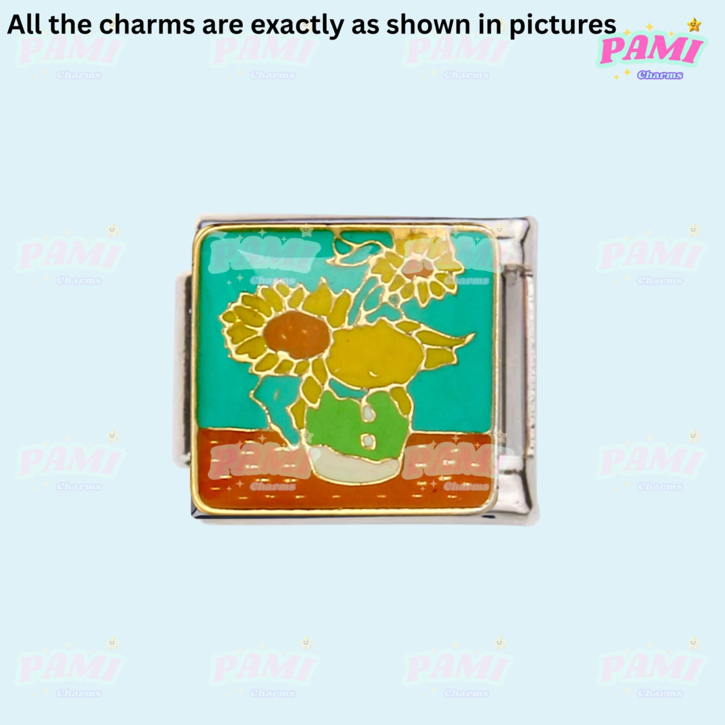 Vibrant Italian charm featuring a sunflower design against a teal background