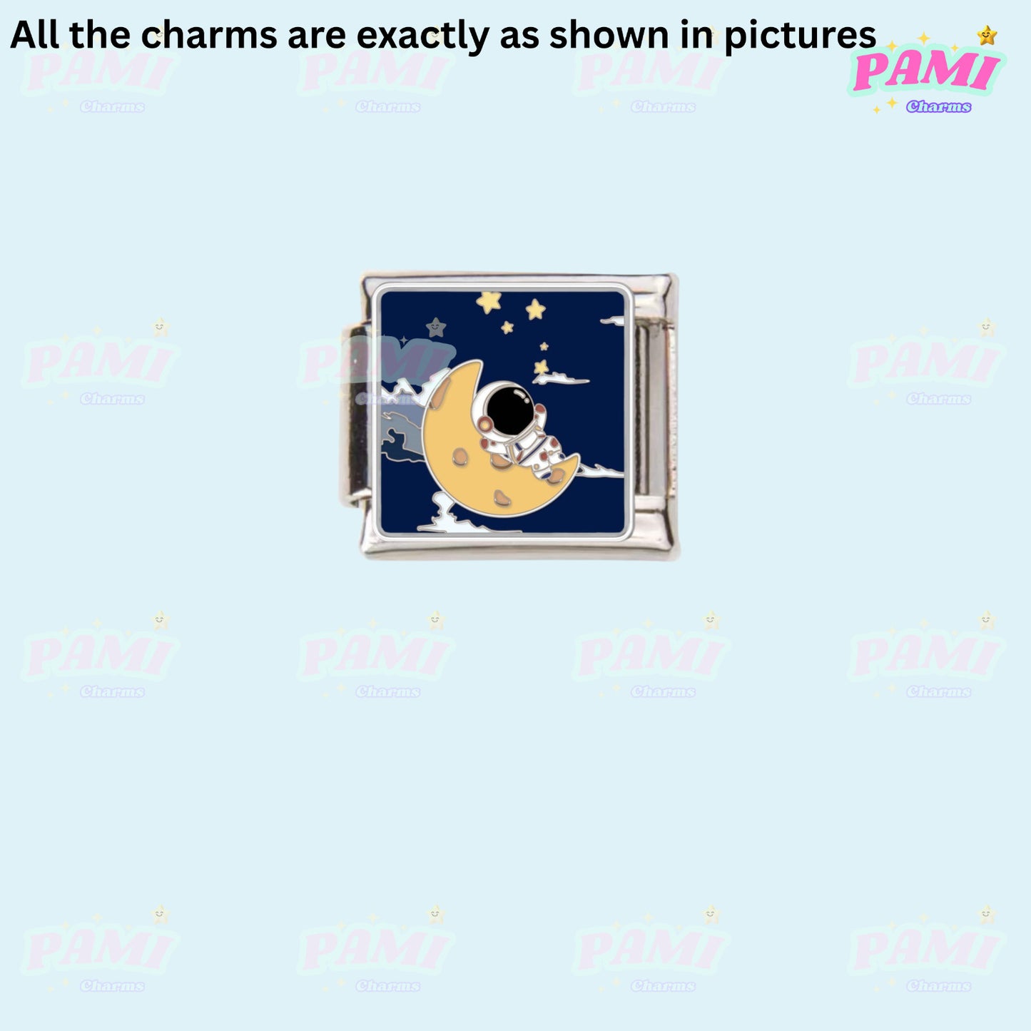 Pami Charms Italian charms featuring an astronaut sitting on a crescent moon with stars background