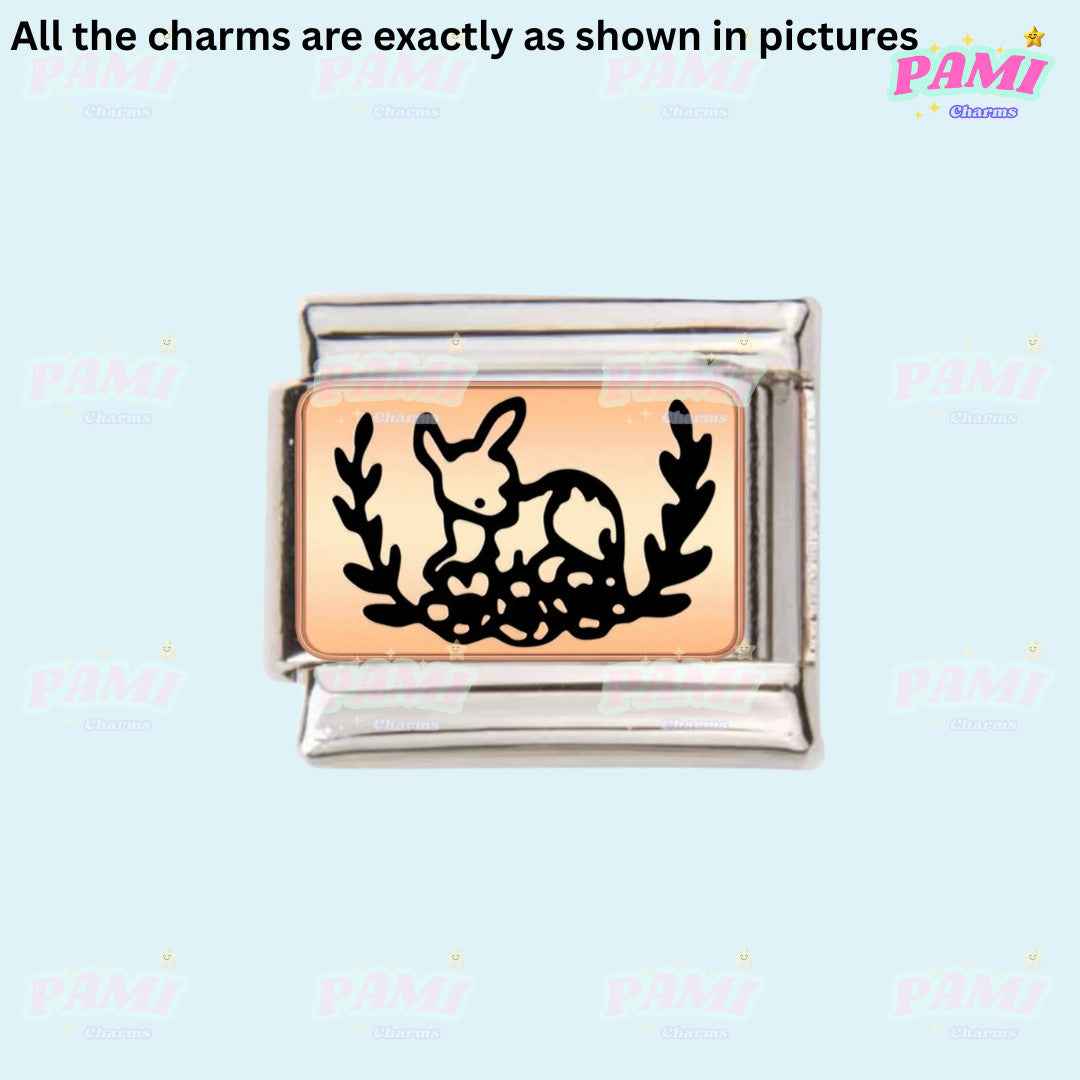 Pami Charms Italian charms featuring a delicate deer with floral and leaf design on a silver and rose gold base