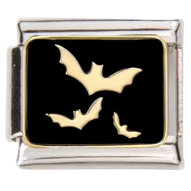 Pami Charms Italian charms featuring gold bats on a black enamel background charm link