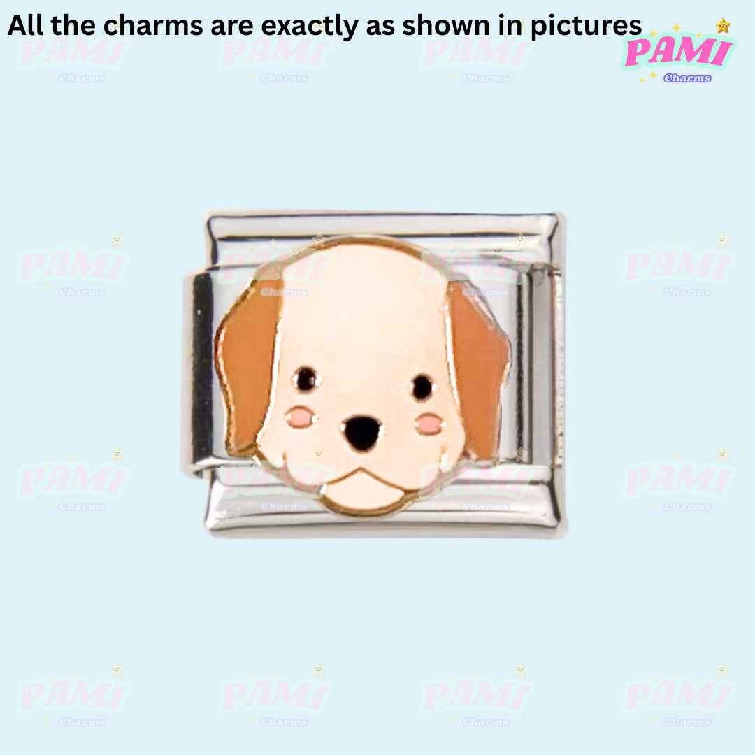 Pami Charms Italian charms featuring a cute dog face enamel charm with silver frame