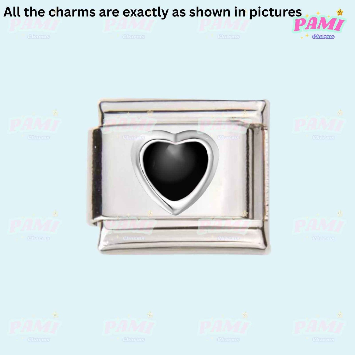 Pami Charms silver Italian charms link with black heart design for customizable bracelets
