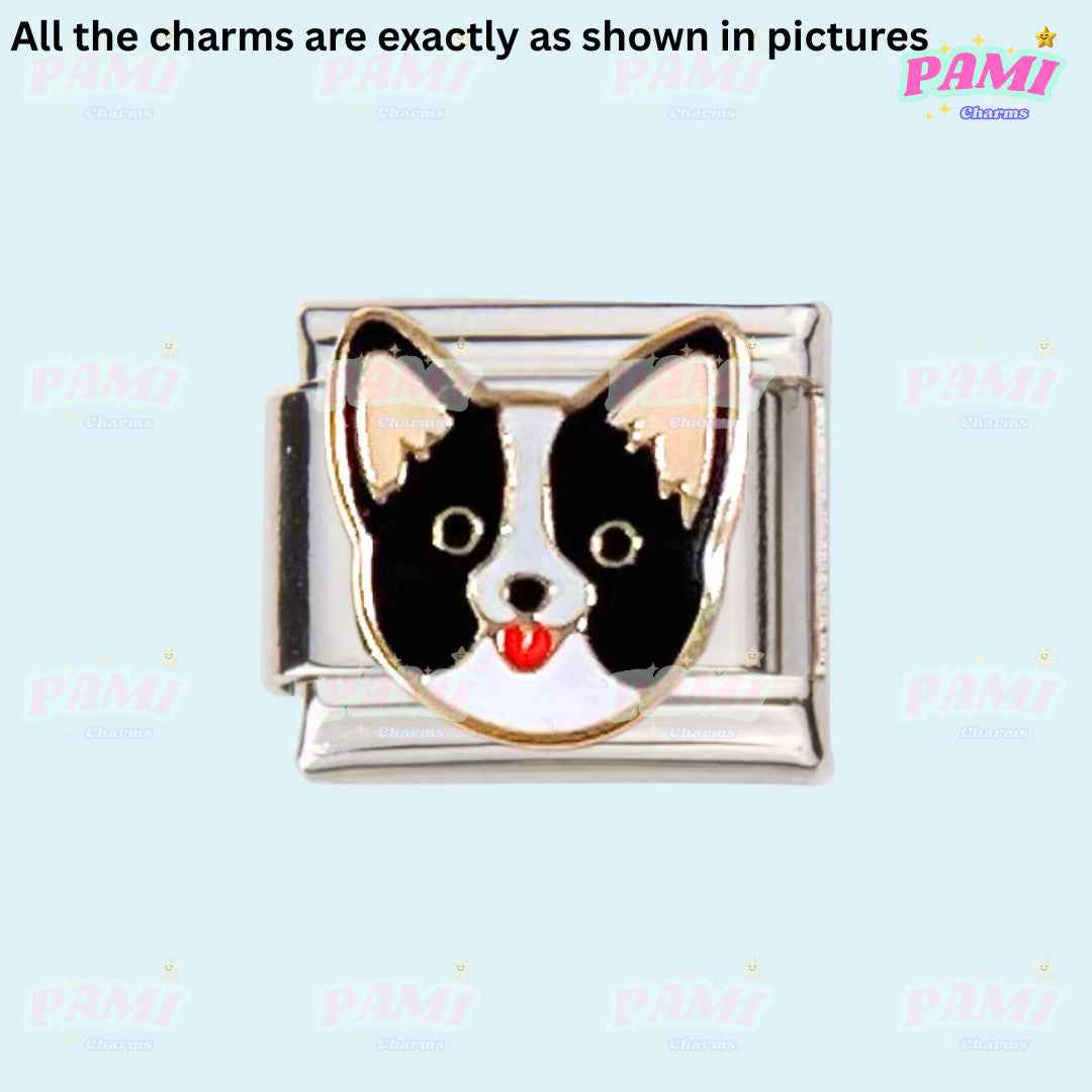 Pami Charms Italian charms featuring a black and white dog face design on a silver base