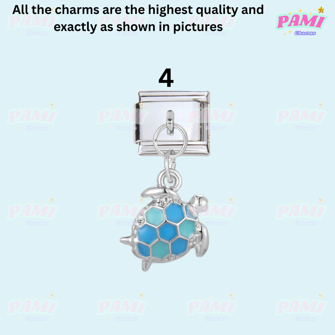 Pami Charms Italian charms with a silver turtle pendant featuring blue hexagonal enamel details