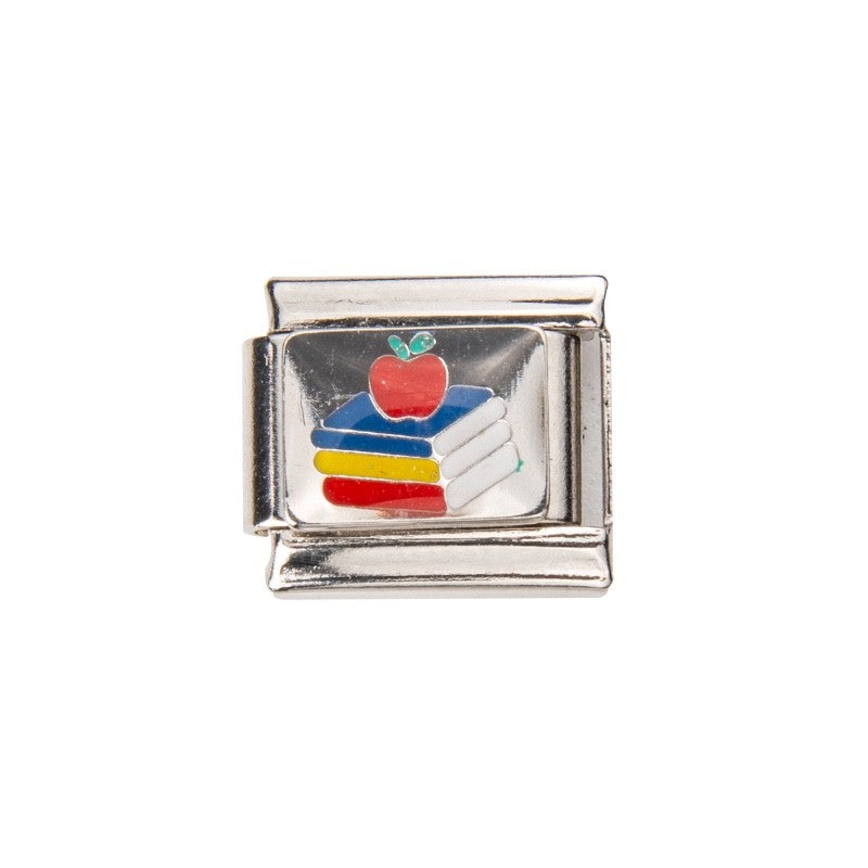 Pami Charms Italian charms featuring a red apple and stacked books design for teachers