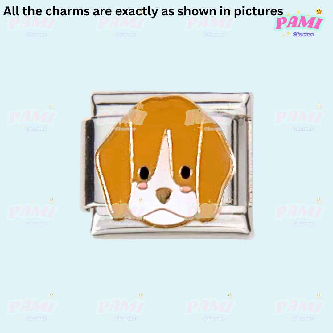 Pami Charms Italian charms featuring a cute brown and white dog face design