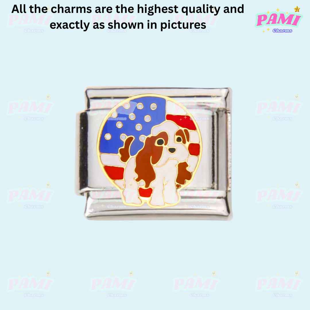 Pami Charms Italian charms featuring a dog with American flag background in high-quality metal