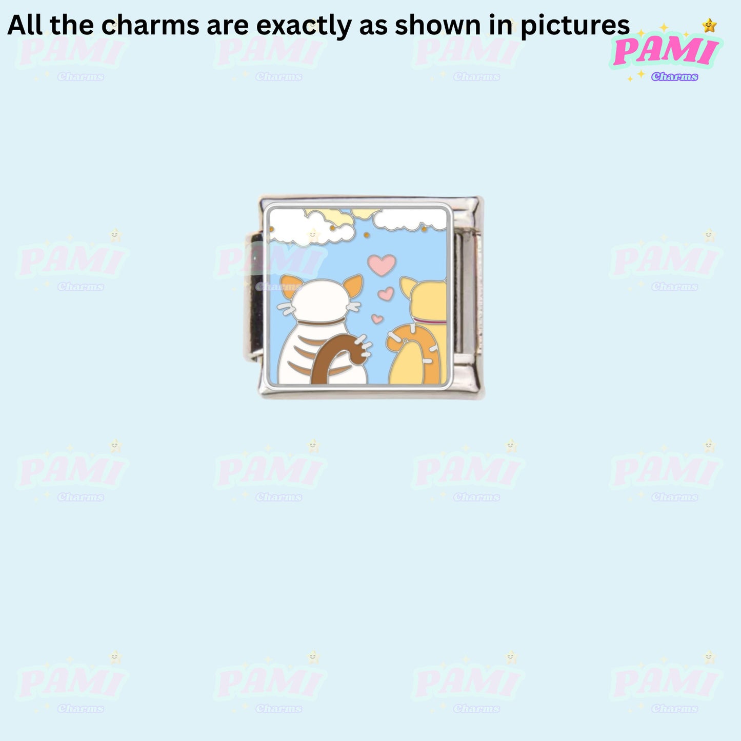 Pami Charms Italian charms featuring two cats with hearts in a blue sky background