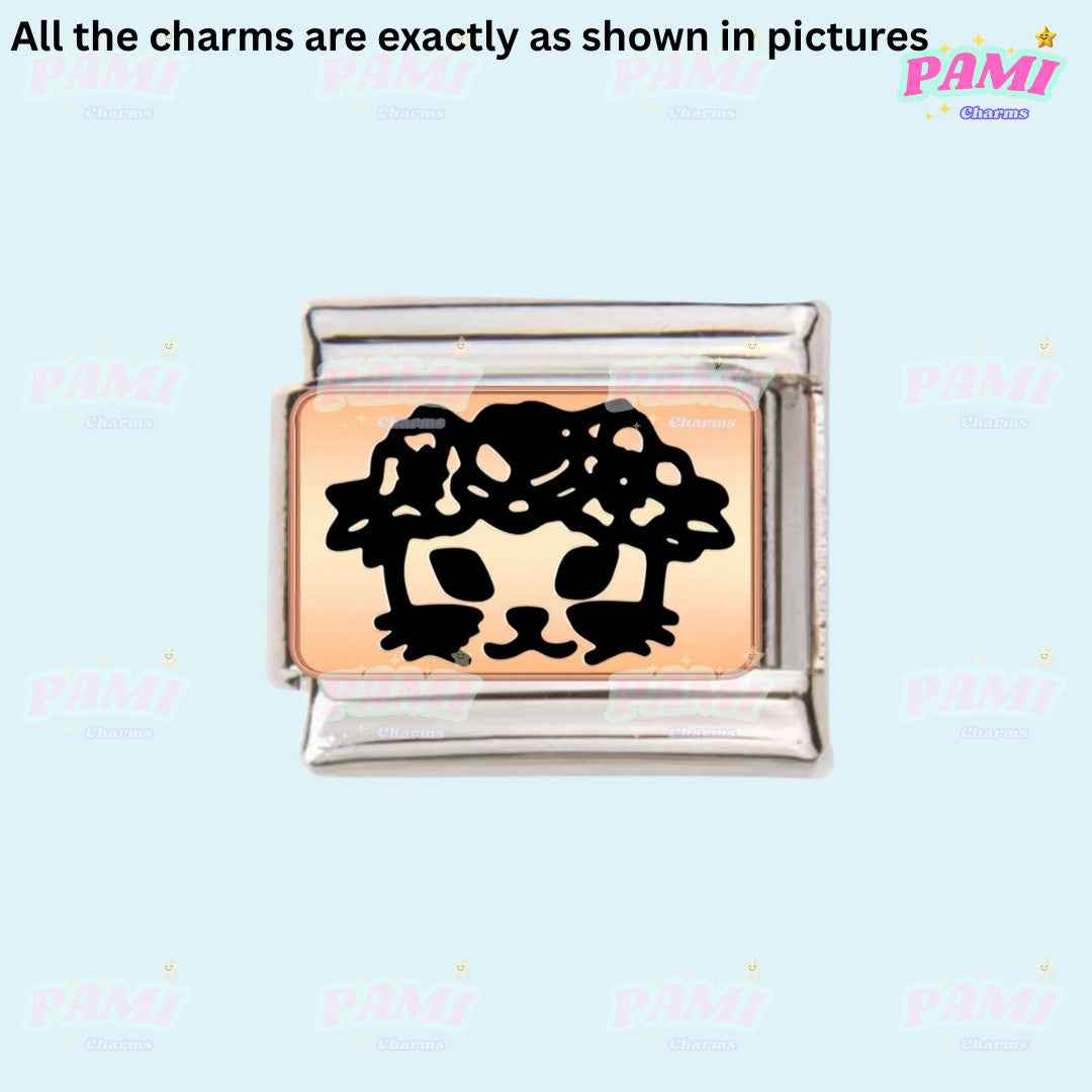 Pami Charms Italian charms featuring a silver rectangular charm with a black cat face design