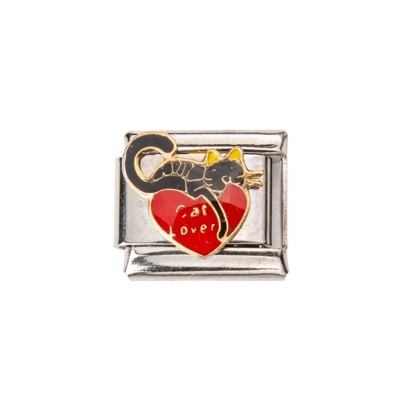 Pami Charms Cat Lover Italian Charm with Red Heart and Cute Cat Design