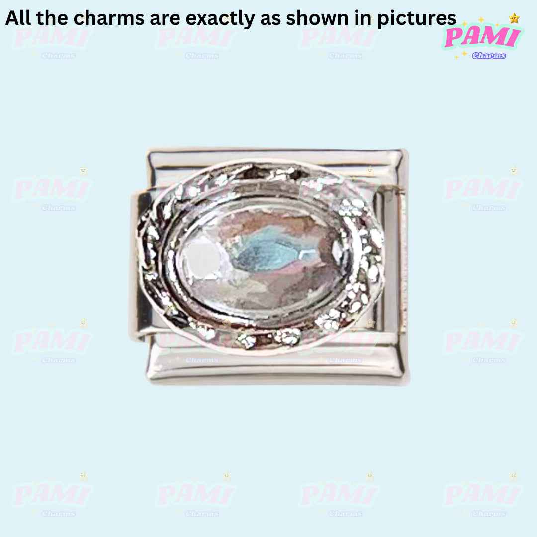 Pami Charms silver Italian charms with an oval clear crystal centerpiece and decorative metal detailing