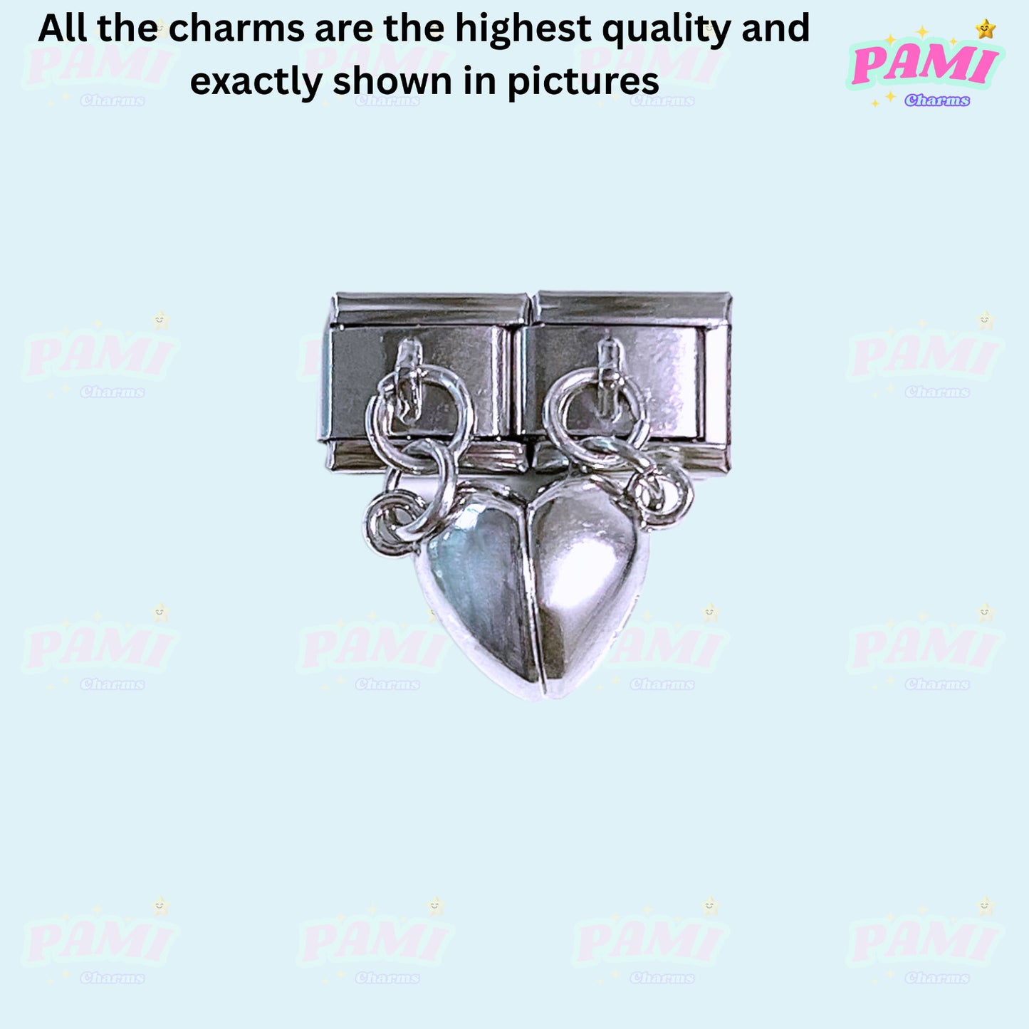 Pami Charms silver split heart italian charms on a light blue background