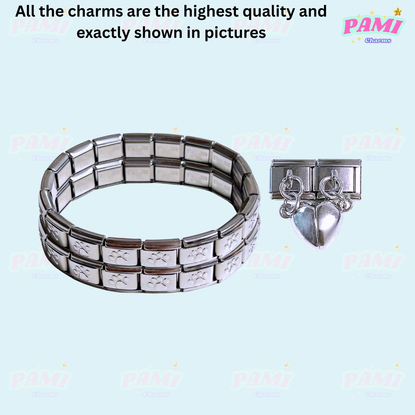 Pami Charms Italian charms silver bracelet with heart-shaped dangle charms and elegant design