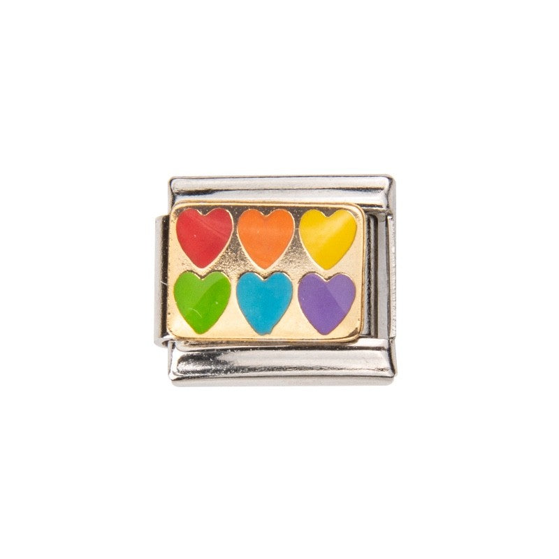 Pami Charms Italian Charms featuring six colourful hearts in orange, purple, green, and blue