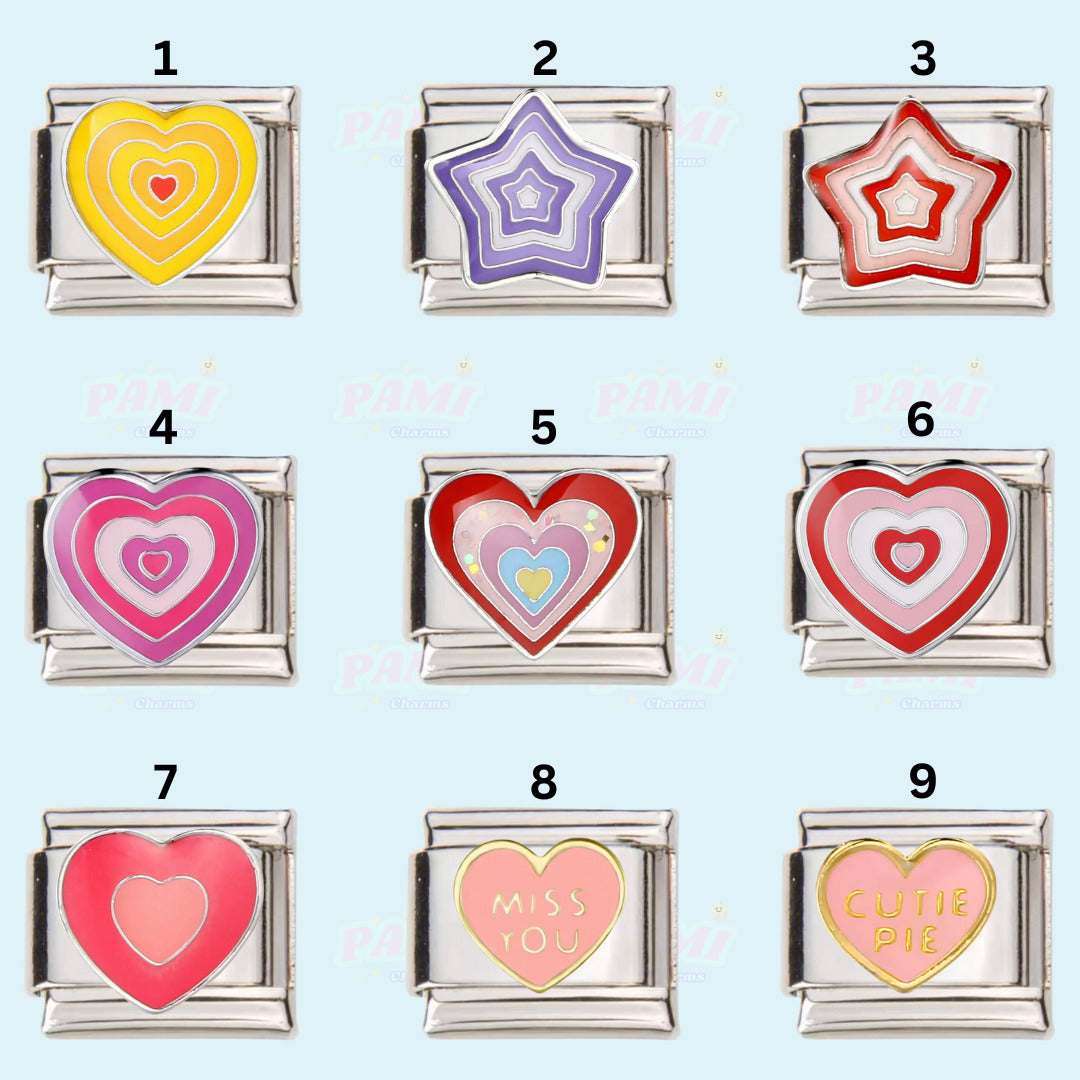 Collection of nine colorful Italian charms with heart and star shapes by Pami Charms