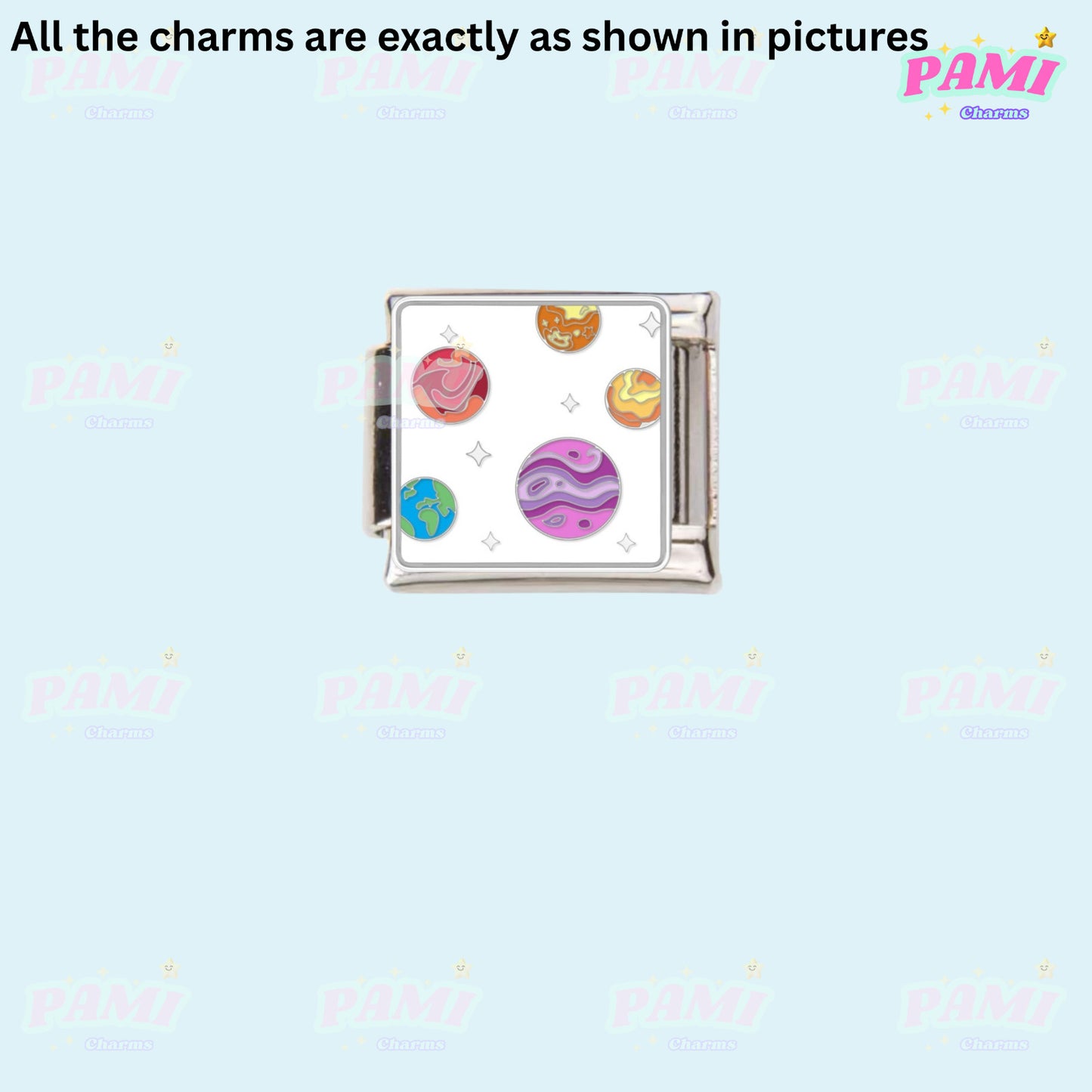 Italian charms silver link featuring colourful planet designs for charm bracelets