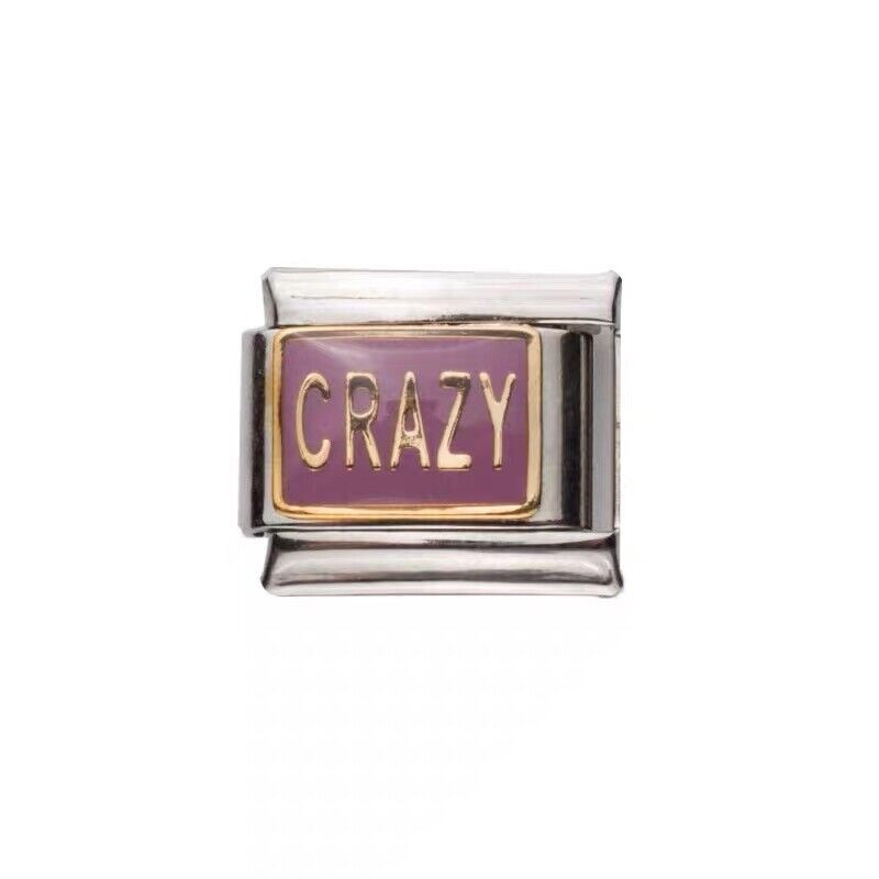 Pami Charms silver Italian charm with purple enamel and gold text reading Crazy