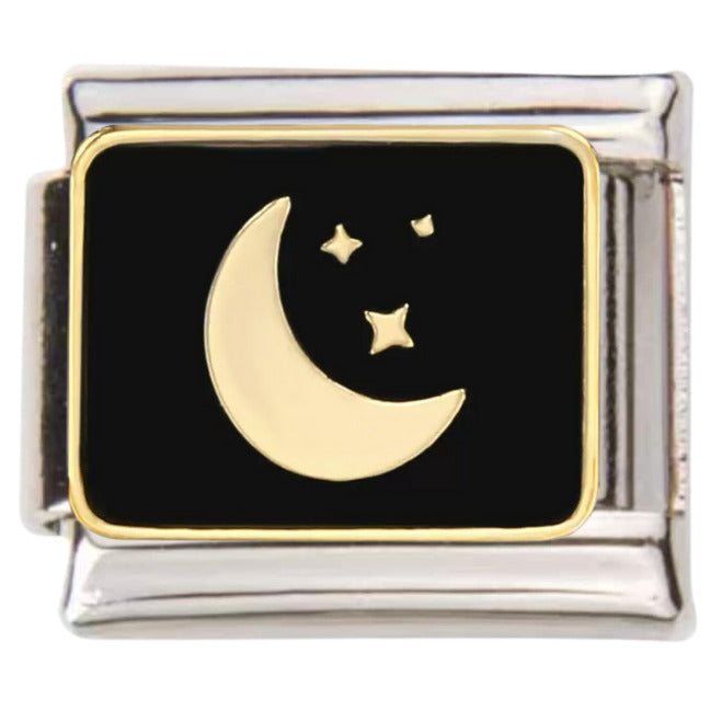 Pami Charms silver and gold moon and stars italian charms with black background