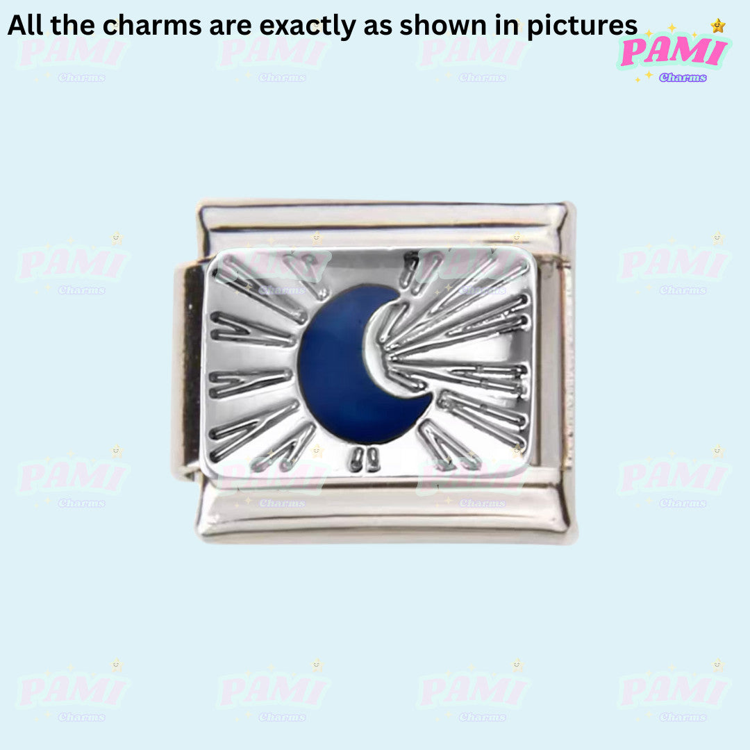 Silver Italian charms featuring a crescent moon with rays on a rectangular base