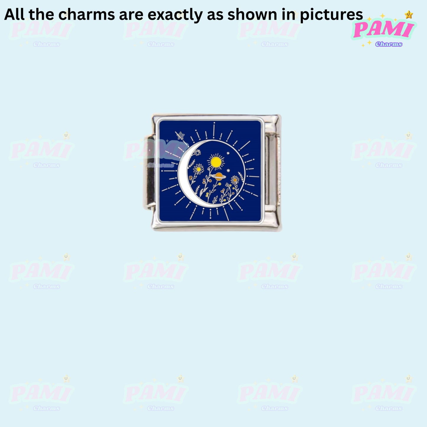 Italian charms featuring a silver charm with moon and sun floral design on blue background
