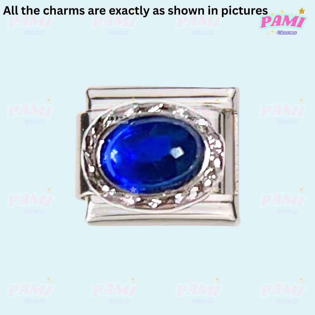 Pami Charms silver Italian charms with oval blue gemstone centerpiece
