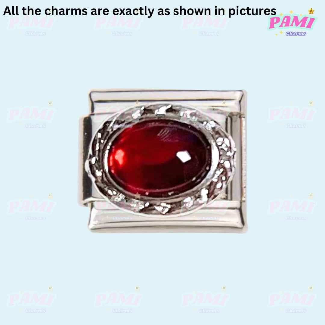 Pami Charms italian charms silver link with red oval gemstone detailed border