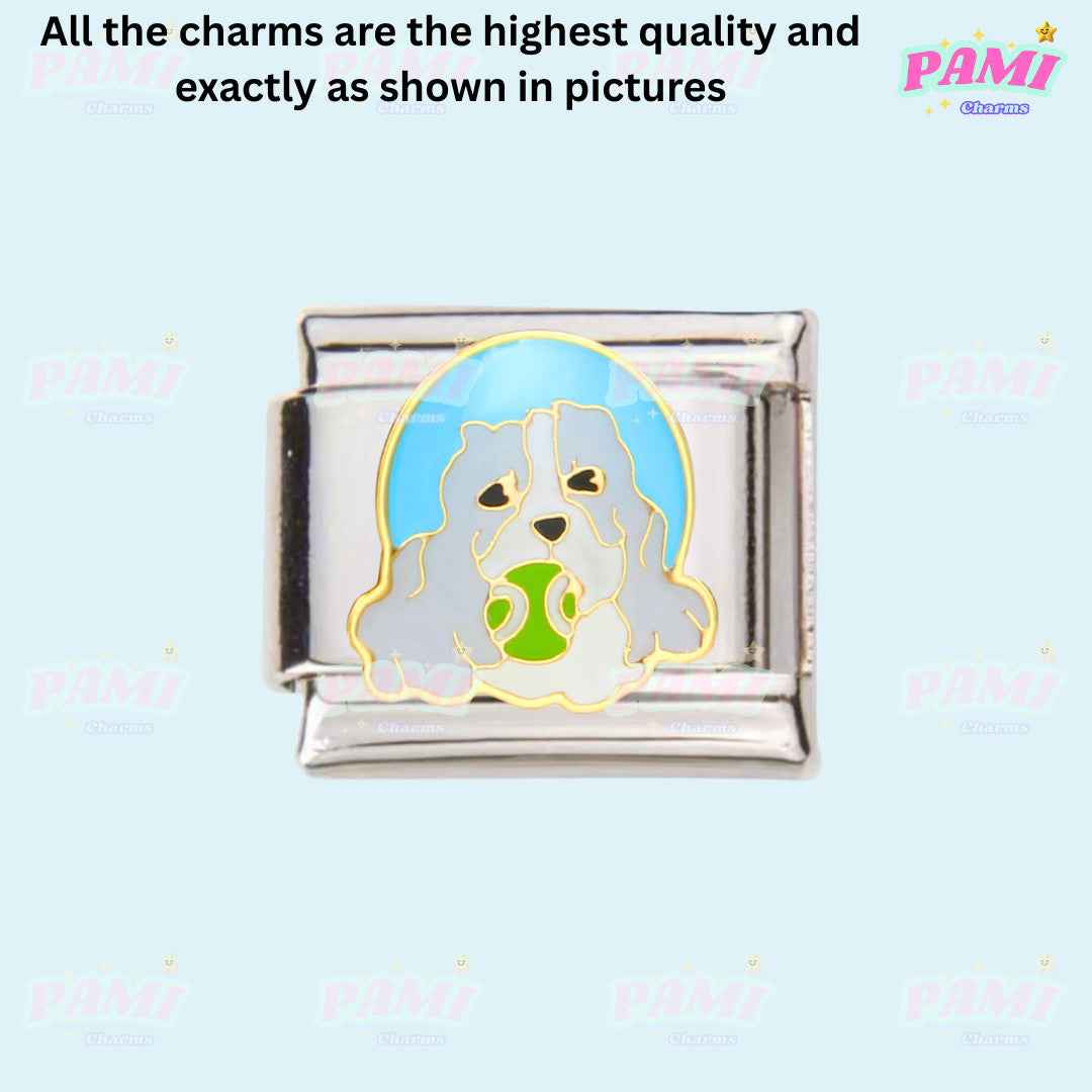Pami Charms Italian charms featuring a silver link with a blue and green dog design