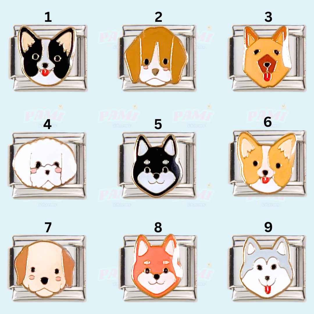Set of nine Italian charms featuring colourful dog face designs on silver square bases