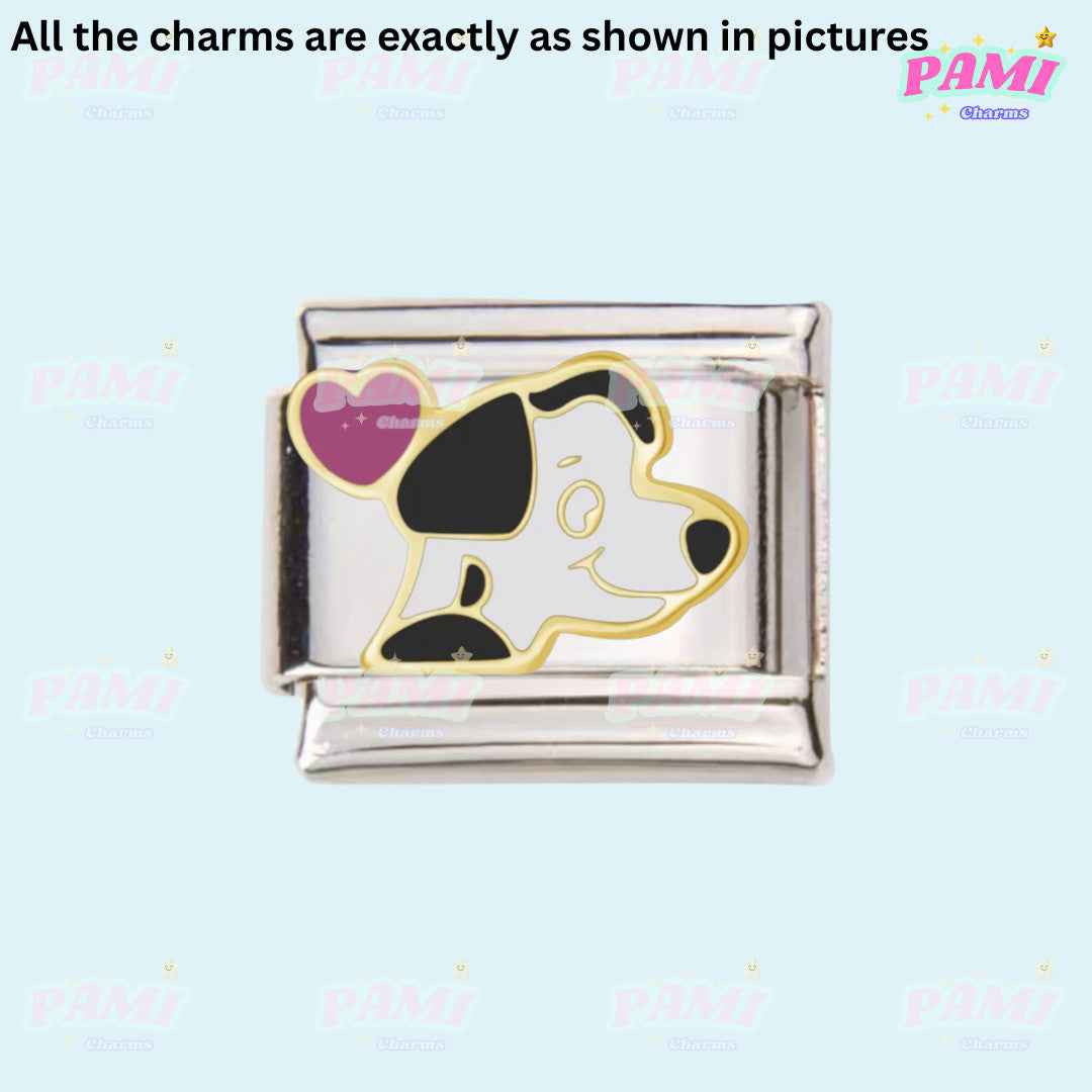 Pami Charms Italian charms featuring a silver link charm with a cute dog and heart design