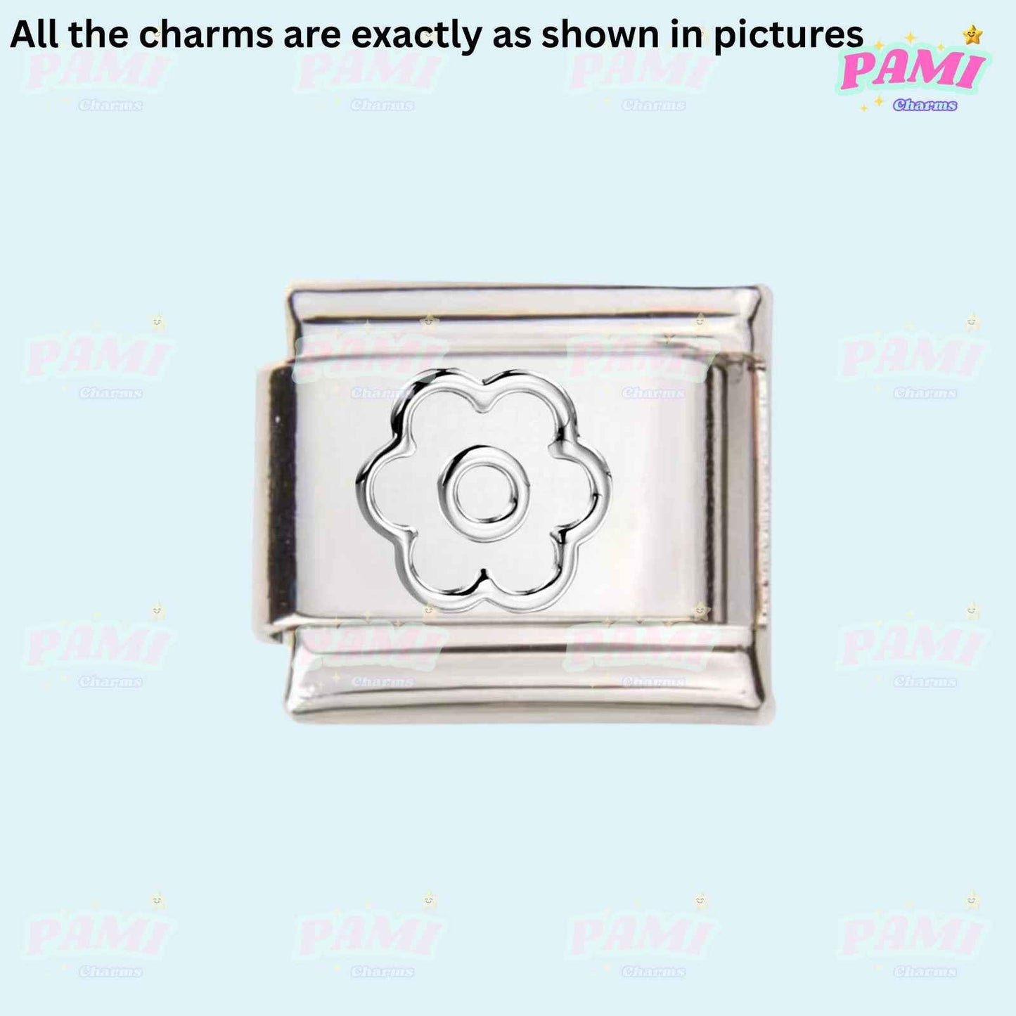 Silver flower Italian charms by Pami Charms with floral design for bracelet customization