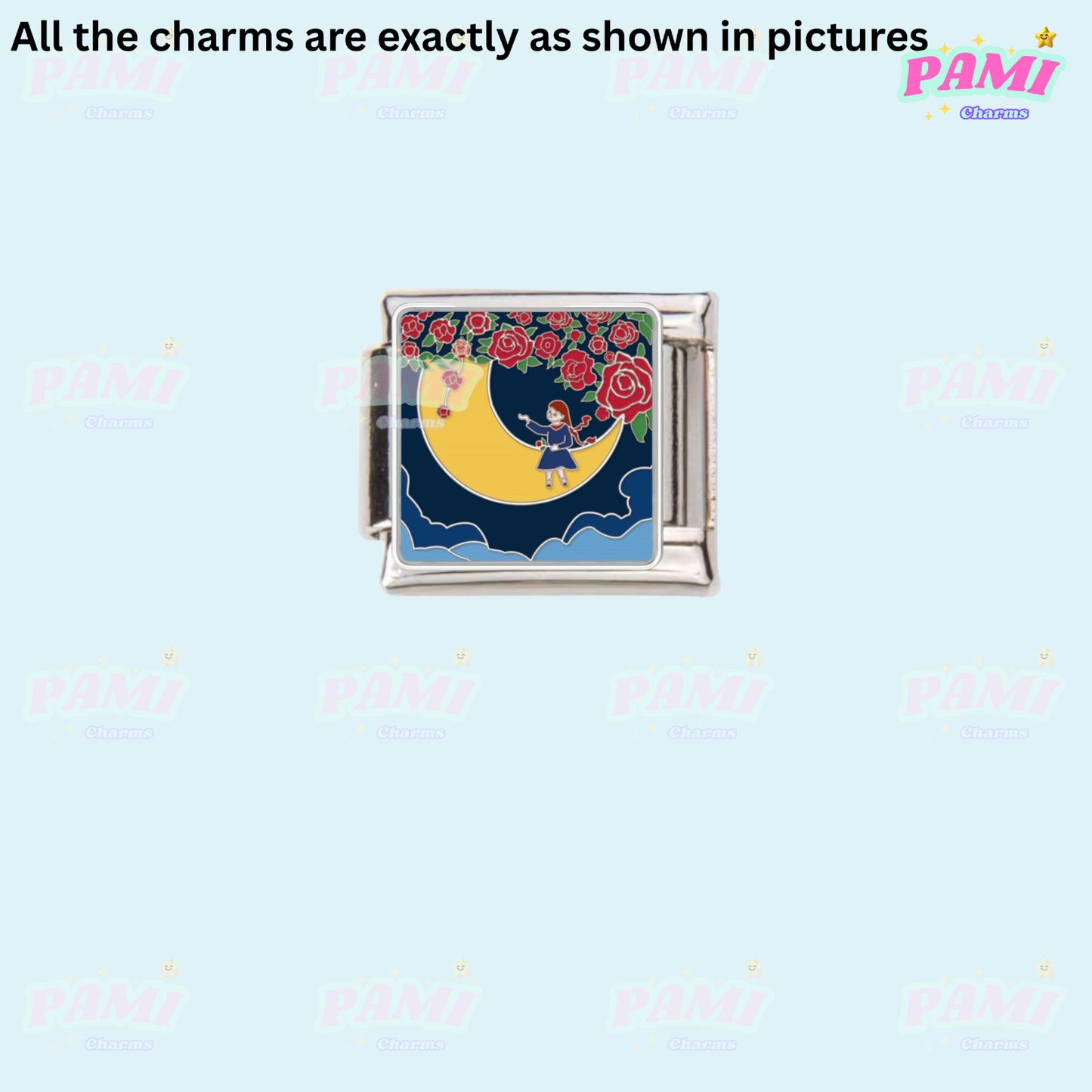 Pami Charms Italian charms featuring a girl sitting on a crescent moon with red roses and dark blue sky background