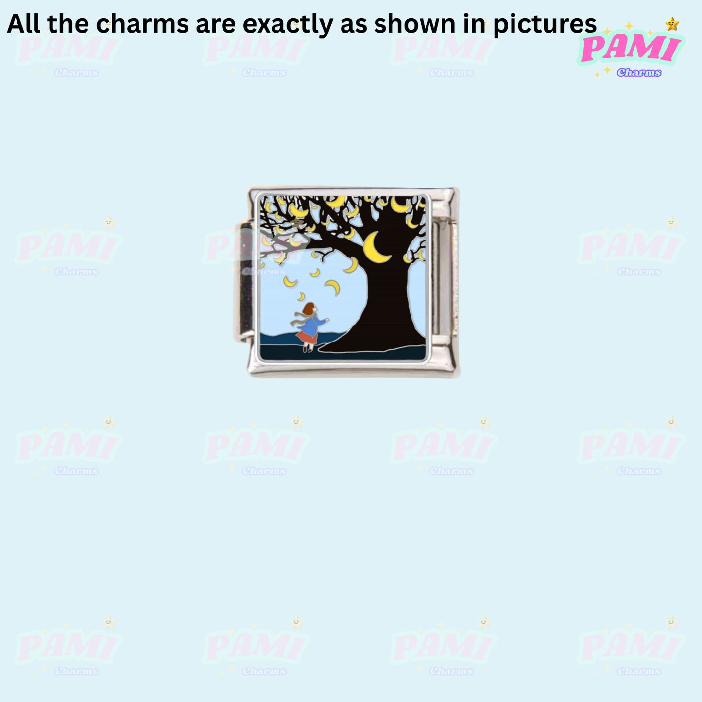Pami Charms Italian charms featuring girl sitting under crescent moon tree design