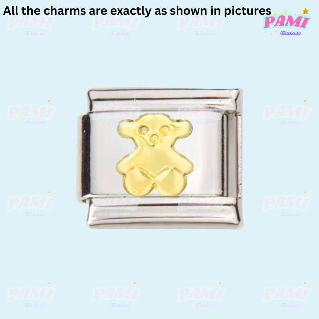 Pami Charms silver Italian charms with a golden teddy bear design for charm bracelets