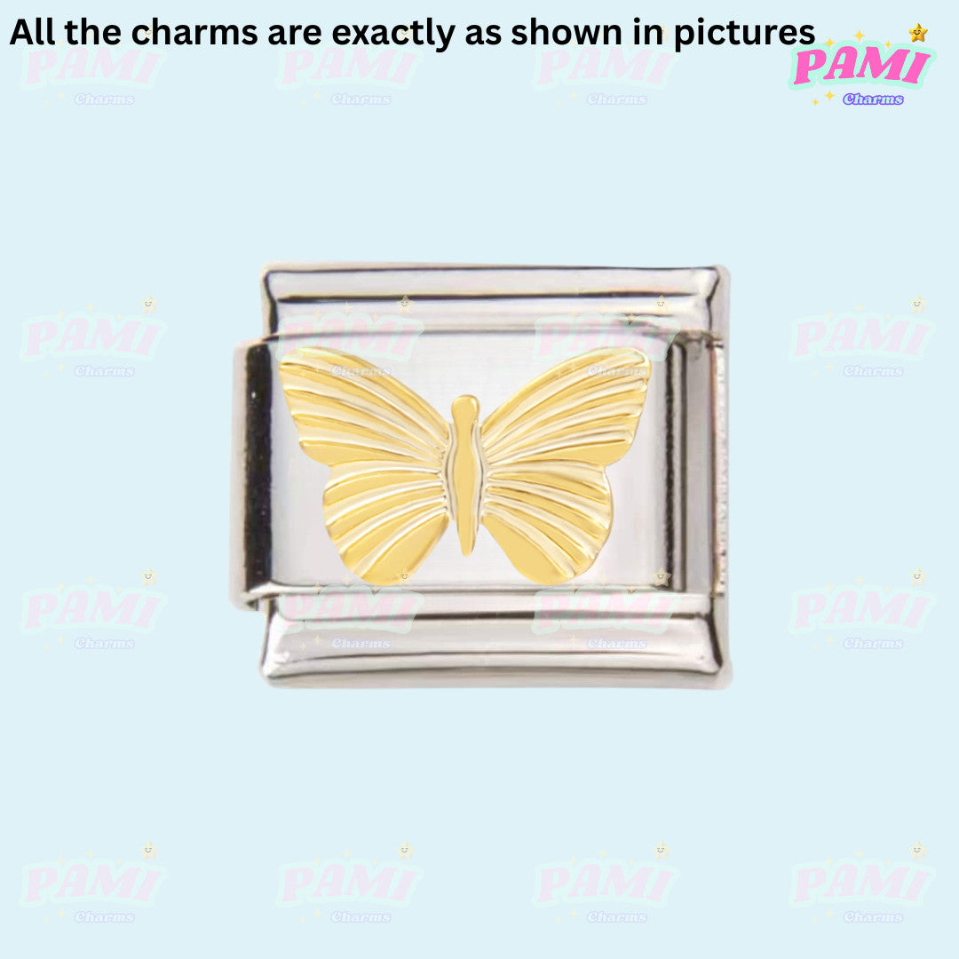 Silver and gold butterfly Italian charms with detailed wing design by Pami Charms