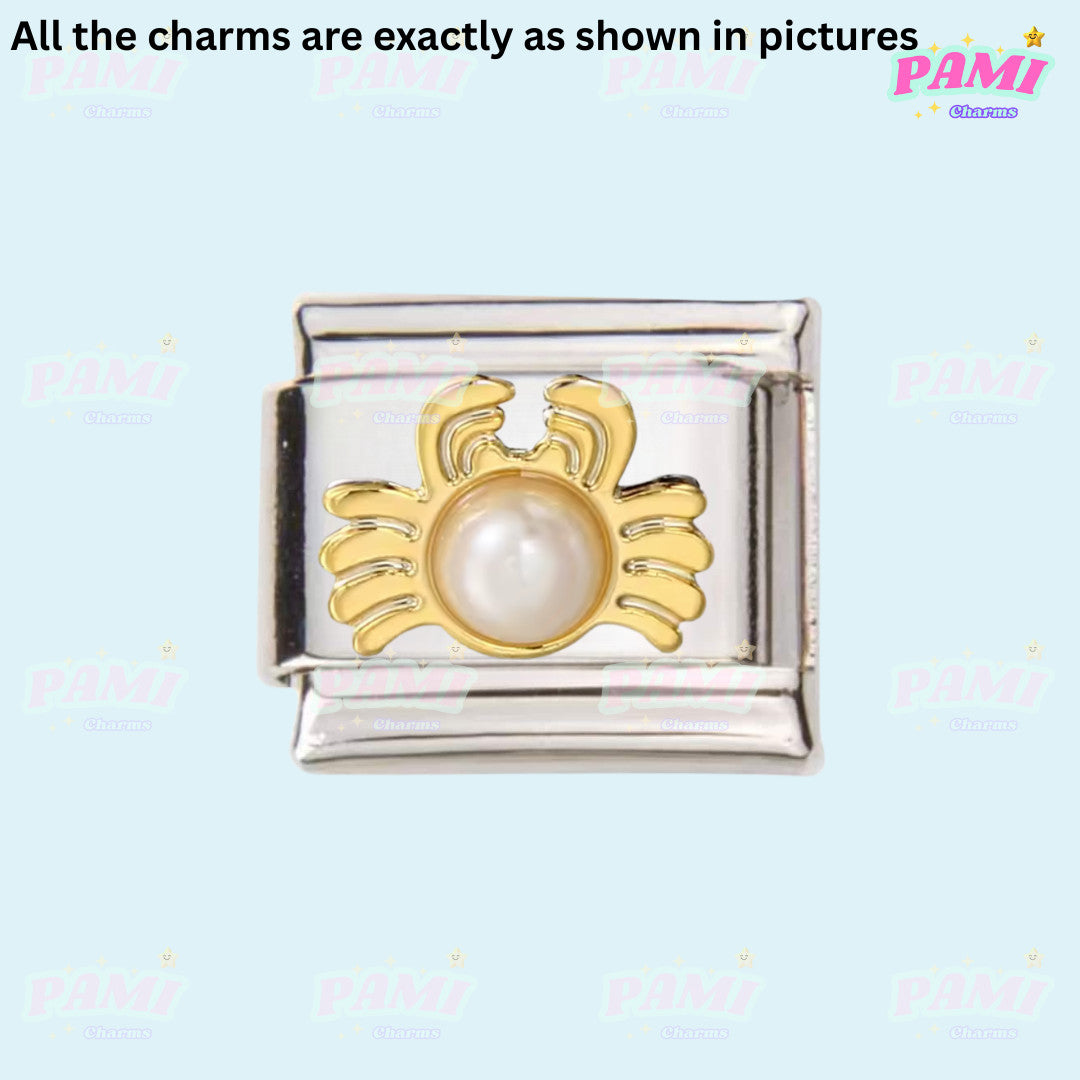 Pami Charms Italian charms with gold crab design and central pearl detail on silver base