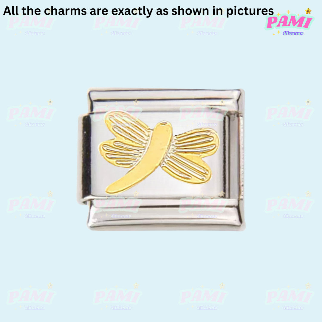 Pami Charms silver and gold dragonfly italian charms with detailed wings design