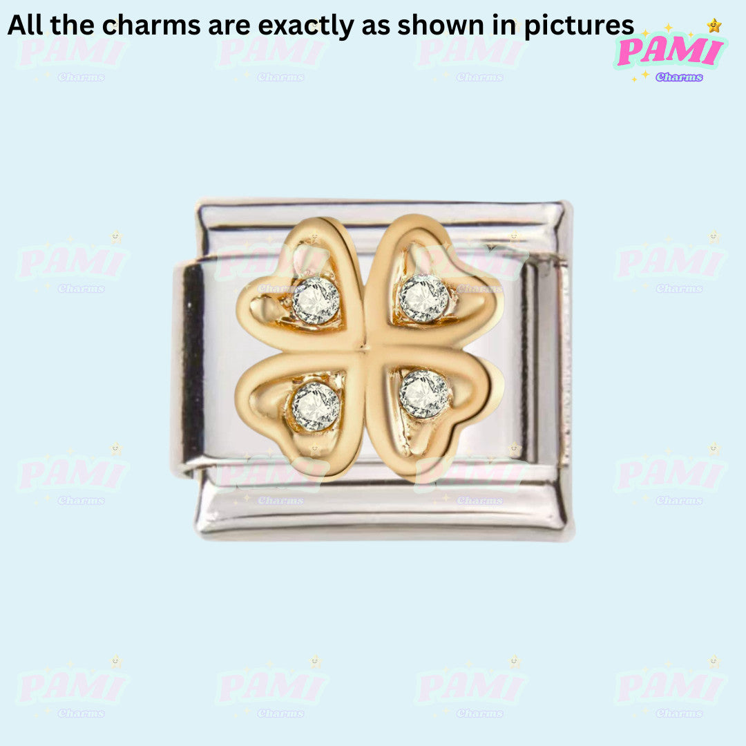 Pami Charms Italian charms gold four leaf clover with crystal stones on silver base