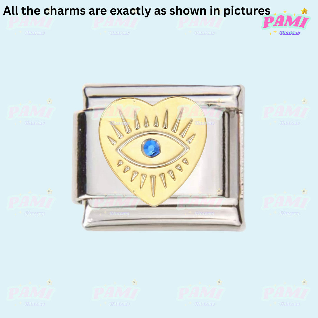 Pami Charms Italian charms silver link with gold heart and blue eye design