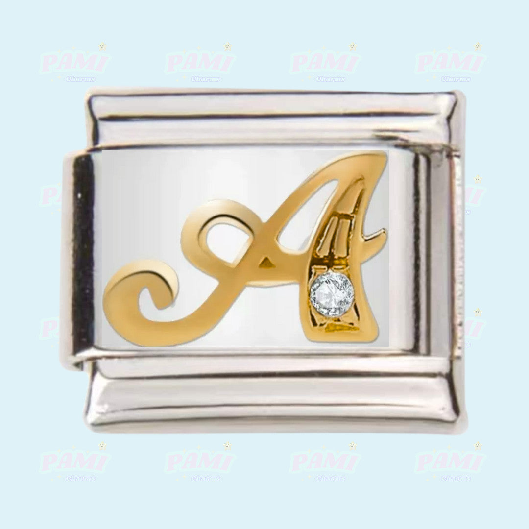 Pami Charms silver and gold initial A Italian charms with a small clear gemstone