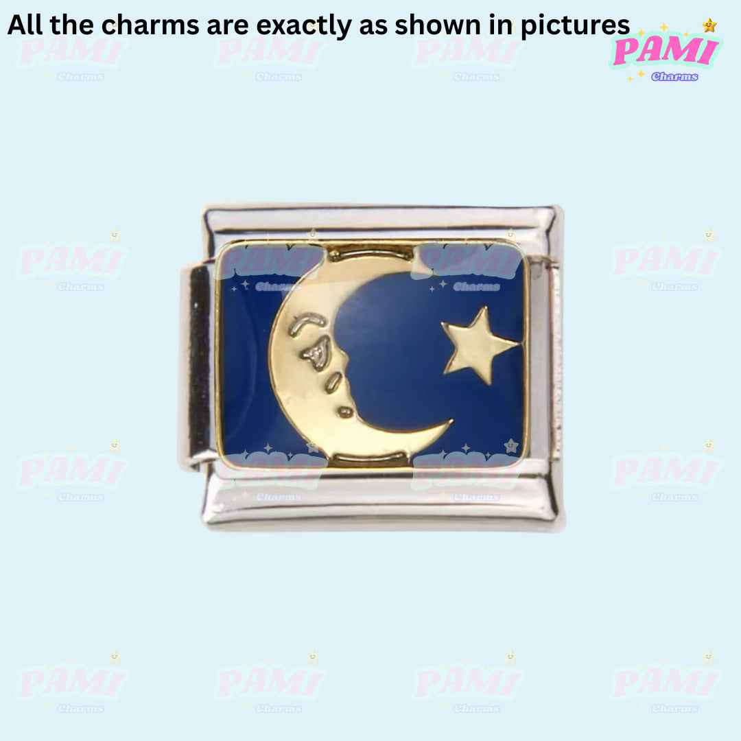 Pami Charms Italian charms featuring a silver and gold crescent moon and star design on blue background