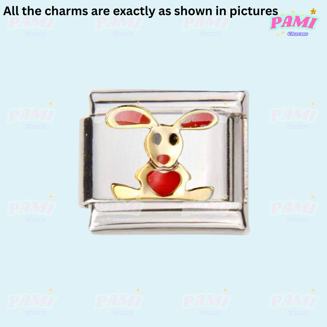 Pami Charms Italian charms featuring a silver link with a gold and red bunny holding a heart