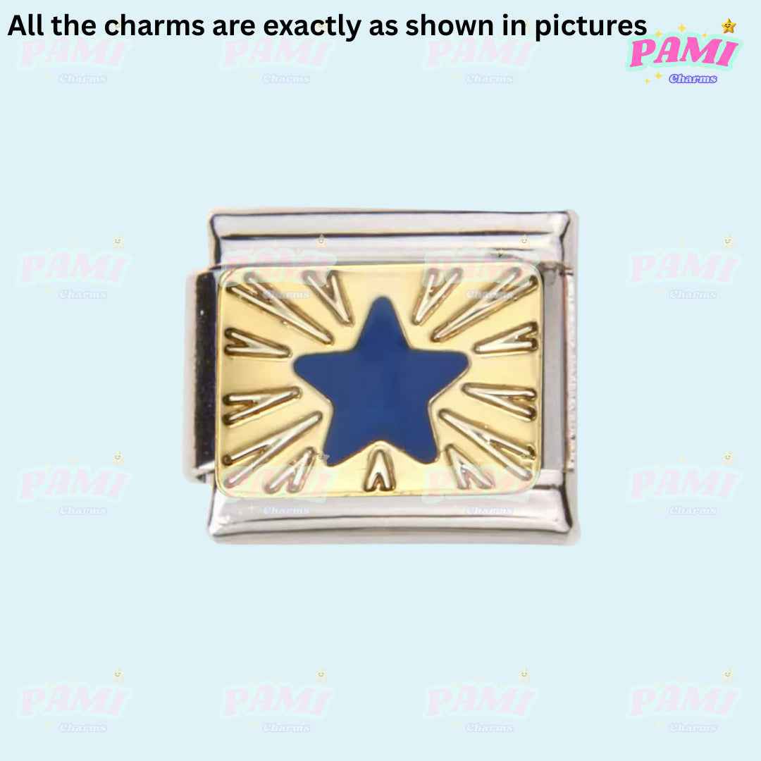Pami Charms Italian charms with blue star design and gold accents on silver base