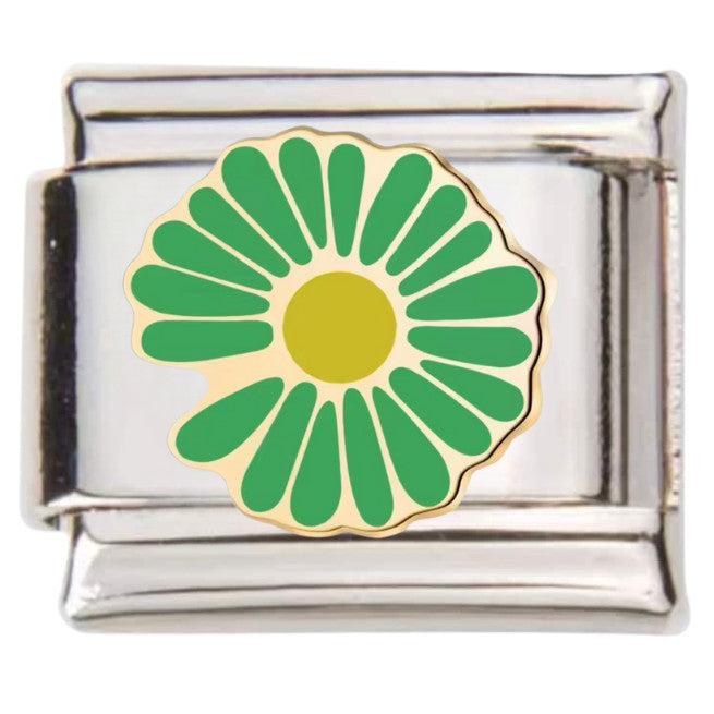 Pami Charms silver link featuring green and yellow flower design italian charms