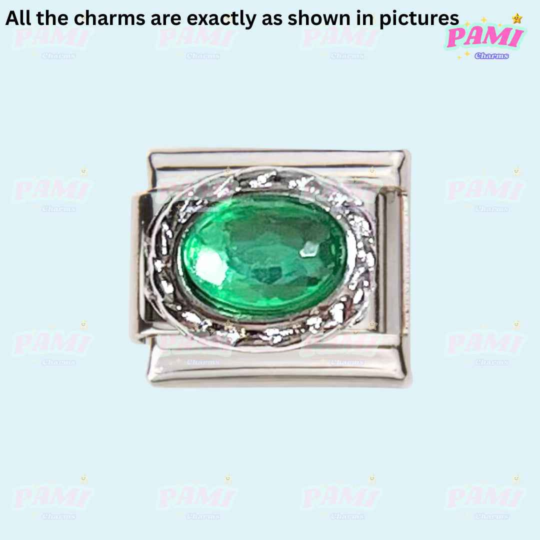 Pami Charms silver Italian charms piece with green oval gemstone centerpiece
