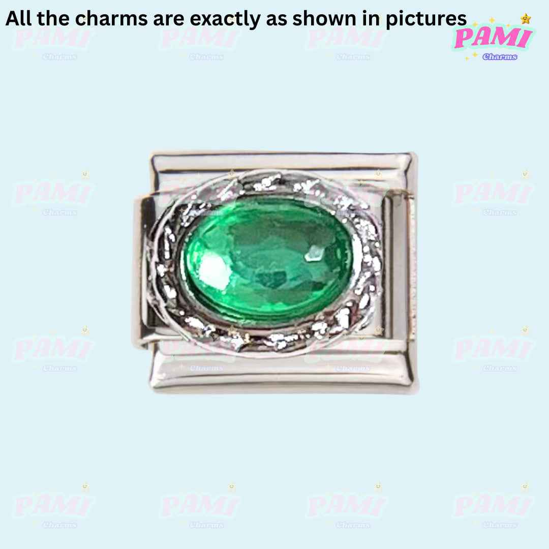 Pami Charms Italian charms silver link with oval green gem centerpiece