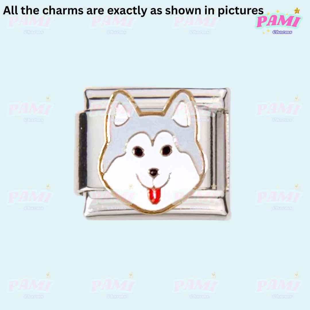 Pami Charms Italian charms featuring a silver dog face with grey and white enamel details